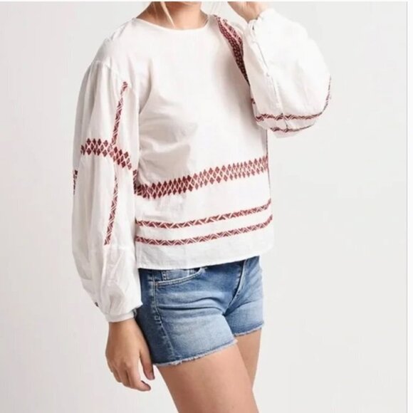 Joie Boho White Semi-Sheer Button-Back Bishop-Sleeved Embroidered Peasant top - Picture 2 of 10